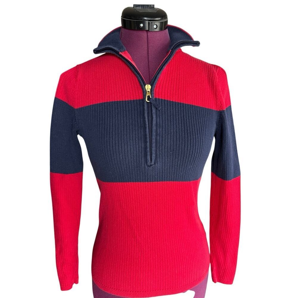 L-RL Lauren Active Ralph Lauren Quarter Zip Red Blue Sweater Size XS